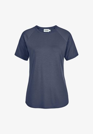 Marineblaues kurzärmeliges T-Shirt mit Rundhalsausschnitt und Raglanärmeln, dargestellt auf weißem Hintergrund.