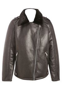 Černá kožená motorkářská bunda s límcem z umělé kožešiny, zapínáním na zip vpředu a dvěma bočními kapsami. Má texturovaný povrch a stříbrné kovové doplňky.