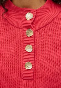 Soonikkoega roosa soonikkoes kampsun kõrge kraega, millel on ees neli dekoratiivset kuldset kestakujulist nööpi.