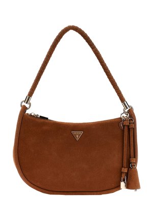 Borsa a tracolla in suede marrone con manico avvolto, ferrature dorate, dettagli con nappine e piccolo logo triangolare Guess sul davanti.