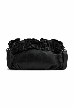 Black leather handbag featuring a ruffled top edge, soft texture, and a rounded shape. Minimal hardware and a smooth finish.