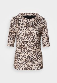 Leopard print short-sleeve top in beige and brown tones, features a relaxed fit and round neckline with a textured fabric.