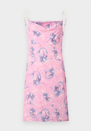 Pink sleeveless dress with thin straps and all-over purple mermaid and floral swirl pattern.