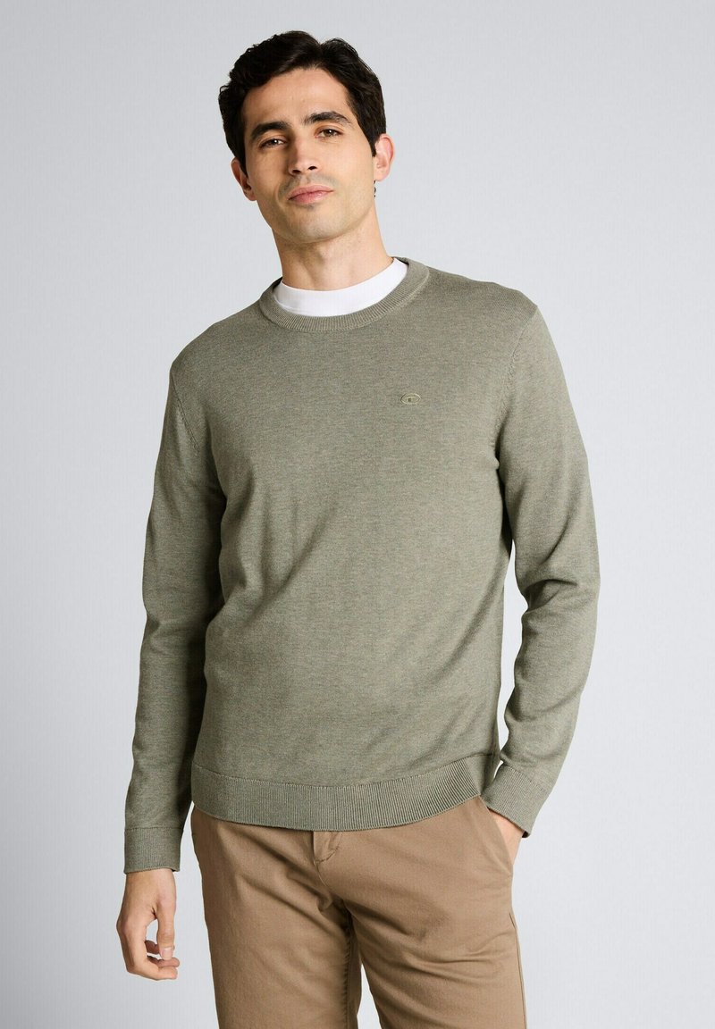 Homme debout portant un pull ras du cou vert olive par-dessus une chemise blanche et un pantalon marron clair, devant un fond uni clair.