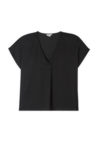 Top nero a maniche corte con scollatura a V, caratterizzato da una vestibilità comoda e un dettaglio a piega centrale, realizzato in un tessuto morbido e liscio.