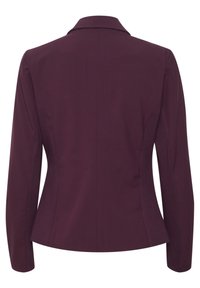 Bordeauxrode getailleerde jas met lange mouwen, een kentkraag en een gladde stofafwerking. Naden benadrukken de op maat gemaakte silhouet.