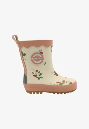Botte de pluie en caoutchouc avec une base crème, un haut rose festonné et un motif floral de fraises. Comprend une semelle rose texturée et un logo sur le côté.