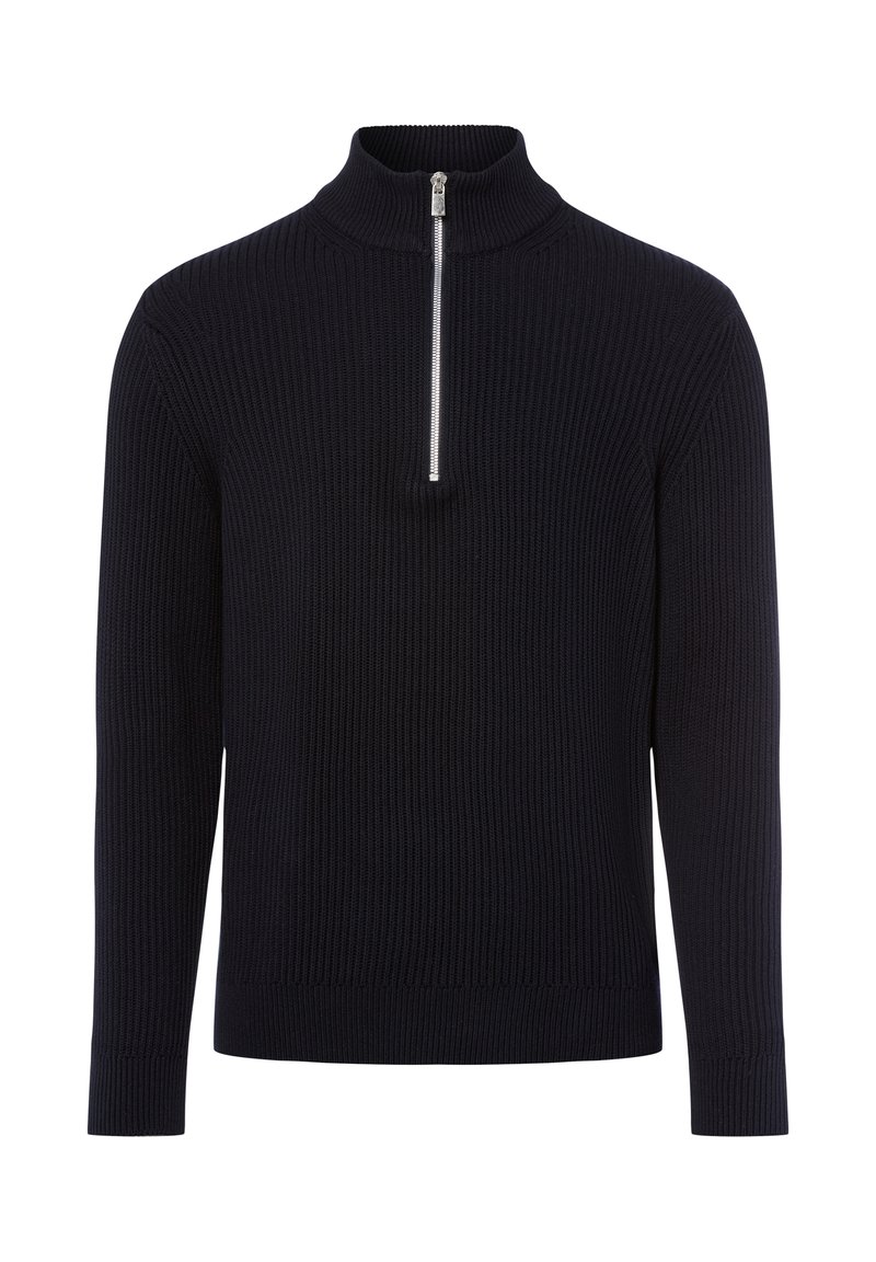 Schwarzer Strickpullover mit halblangem Reißverschlusskragen, ausgestattet mit geripptem Material und langen Ärmeln. Einfaches Design, ohne zusätzliche Muster oder Akzente.