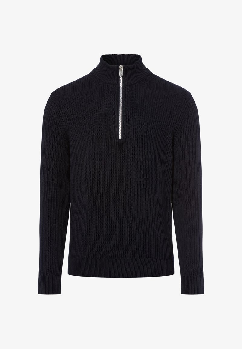 Schwarzer Strickpullover mit halblangem Reißverschlusskragen, ausgestattet mit geripptem Material und langen Ärmeln. Einfaches Design, ohne zusätzliche Muster oder Akzente.