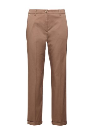 Braune maßgeschneiderte Hose mit Gürtelschlaufen, vorderer Knopf- und Reißverschluss sowie umgeschlagenem Saum.