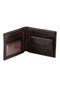 Portefeuille en cuir marron avec une finition texturée. Comprend plusieurs emplacements pour cartes, une fenêtre d'identification claire et un logo en relief détaillé à l'intérieur.
