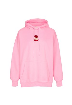 Pink hættetrøje med forlomme og lille broderet rød og beige svampedesign centreret på brystet.