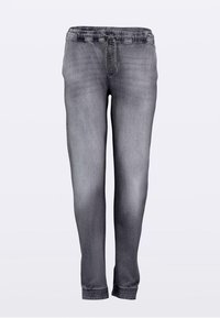 Sive kavbojke jogger z elastiko v pasu, nastavljivim vrvico za zavezovanje in okoli gležnjev zavihki. Mehka tekstura in sproščen kroj.