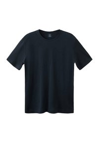 T-shirt z krótkim rękawem w ciemnym granacie, wykonany z miękkiej, gładkiej tkaniny. Okrągły dekolt, prosty dół, bez widocznego logo.