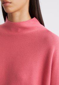 Roze gebreide trui met een hoge, ronde halslijn. De textuur is glad met een subtiel ribbelpatroon, dat de zachtheid van het kledingstuk benadrukt.