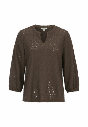 Bruine kanten blouse met driekwart mouwen, elastische manchetten en een kleine V-halsuitsnijding, met overal ingewikkelde ajourpatronen.