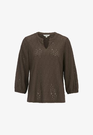 Bruine kanten blouse met driekwart mouwen, elastische manchetten en een kleine V-halsuitsnijding, met overal ingewikkelde ajourpatronen.