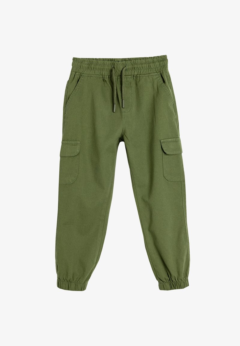 Groene cargobroek van katoen, met een elastische tailleband, een trekkoord en twee zijzakken met elastische boorden bij de enkels.