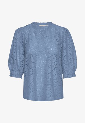 Svijetloplava čipkastog bluza s okruglim izrezom, napuhanim rukavima i teksturiranim cvjetnim uzorkom, s opuštenim krojem i nabranim manžetama.
