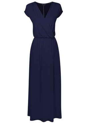 Mørkeblå maxi kjole med korte ærmer, indpakningsdesign, elastisk talje og V-halsudskæring. Blødt stof med glat overflade, uden synlige mønstre eller dekorationer.