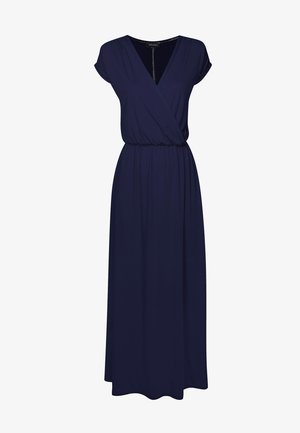 Námornícky modré maxi šaty s krátkymi rukávmi a zavinovacím dizajnom, elastickým pásom a výstrihom do V. Mäkka látka s hladkým povrchom, bez viditeľných vzorov alebo akcentov.