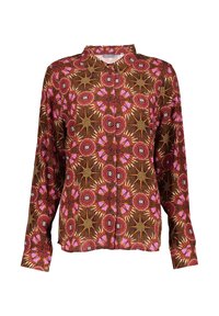 Langarmhemd van bruin stof met levendige roze en oranje bloempatronen en cirkelvormige ontwerpen, met een kraag en manchetten.