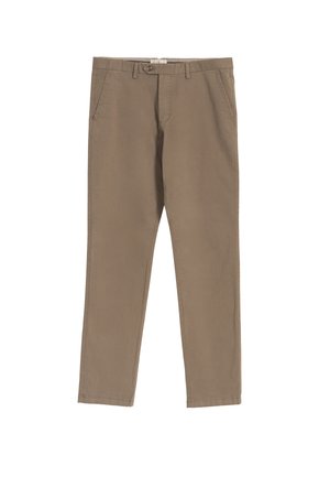 Pantalones de algodón beige con un diseño de pierna recta, bolsillos frontales y una cintura con pasadores para cinturón. Textura suave con detalles de costura mínimos.