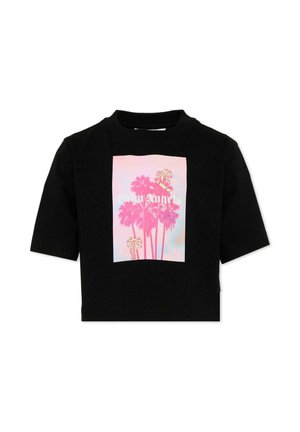 Zwart cropped T-shirt met een roze en blauw grafisch ontwerp van palmbomen en witte tekst "palm angels" op de voorkant.
