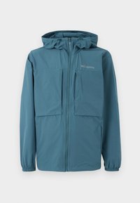 Μπλε μπουφάν Columbia με κουκούλα, πλήρες φερμουάρ μπροστά, ελαστικά μανίκια και πολλαπλές τσέπες μπροστά σε λευκό φόντο.