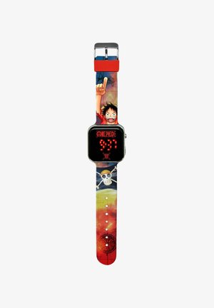 Montre numérique avec un cadran carré noir, un affichage LED rouge et un bracelet multicolore arborant un design graphique d'un personnage et d'un crâne.