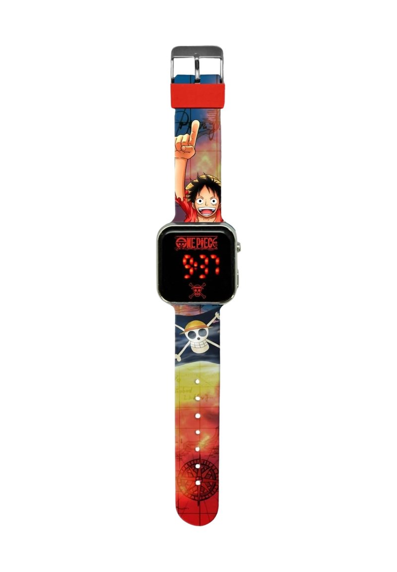 Montre numérique avec un cadran carré noir, un affichage LED rouge et un bracelet multicolore arborant un design graphique d'un personnage et d'un crâne.