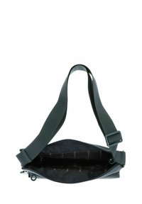 Sac à épaule vert foncé avec un extérieur en tissu lisse, une bandoulière ajustable, une fermeture éclair et plusieurs compartiments intérieurs pour l'organisation.