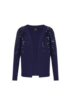 Granatowy kardigan o prążkowanej fakturze, z ozdobami w postaci cekinów na ramionach. Otwarty fason, długie rękawy i luźny krój.