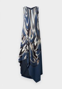 Ärmlös, knälång klänning i blå, krämfärgad och brun abstrakt tryck. Har draperad front, V-ringning och asymmetrisk nederkant. Slät tyg.