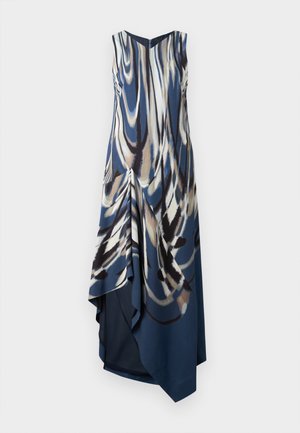 Sleeveless, knee-length dress in blue, cream, and brown abstract print. Features draped front, V-neckline, and asymmetrical hem. Smooth fabric.