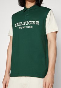 Person trägt ein grün-weißes Kurzarm-Polohemd mit "HILFIGER NEW YORK" auf der Brust gestickt.