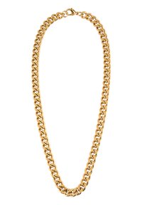 Gouden ketting met een dikke schakelontwerp, voorzien van een glanzende afwerking en een veilige sluiting, gemaakt van metaal.