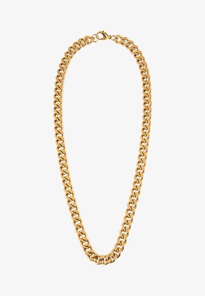 Arany színű lánc nyaklánc, vastag láncszem mintával, fényes felülettel és biztonságos kapoccsal, fémből készült.