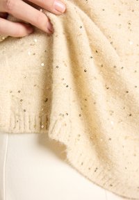 Beige gebreide trui met pailletten, met een gestructureerde afwerking. Decoratieve glanzende elementen verspreid over de stof. Geribbelde zoom zichtbaar.