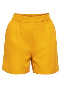 Shorts jaunes taille haute pour femmes avec plis sur le devant et une ceinture lisse, fabriqués en tissu léger.