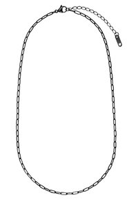 Collana in metallo nero con catena a maglie allungate, chiusura a moschettone e catena regolabile con un piccolo tag decorativo.