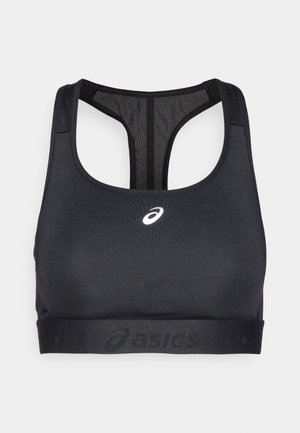 Schwarzer Sport-BH mit Racerback-Design, aus dehnbarem Material gefertigt. Mit einem Netzpaneel und einem Asics-Logo auf dem vorderen Bund.