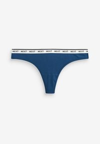 Thong albastru închis realizat din bumbac moale, având un elastic alb în contrast cu inscripția neagră "NEXT". Textură netedă, design minimalist.