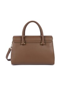 Borsa a tracolla in pelle marrone con finitura texture, manici superiori doppi e tracolla rimovibile; presenta dettagli in metallo color oro.