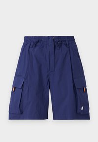 Navy blue cargo shorts with an elastic waistband, drawstring, multiple side pockets, and orange accents on the side pocket openings.