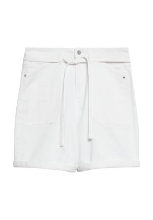 Białe szorty z wysokim stanem, podwiniętymi brzegami, przednimi kieszeniami, szlufkami na pasek, materiałowym paskiem do wiązania i srebrnym zapięciem na guzik.