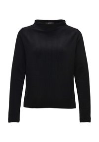 Haut noir à manches longues avec un col montant et un tissu texturé présentant un motif subtil. Coupe droite sans ornements visibles.