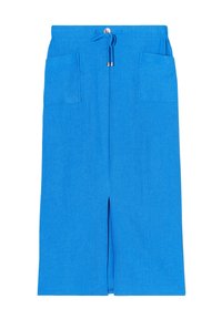 Jupe côtelée bleue avec une taille à cordon de serrage, deux poches avant et une fente à l'avant pour faciliter les mouvements. Texture lisse et design ajusté.