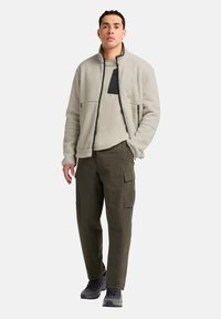 Veste en polaire gris clair avec fermeture éclair à l'avant, poche poitrine noire, accompagnée de pantalons cargo olive et de baskets grises. Tenue décontractée pour l'extérieur.