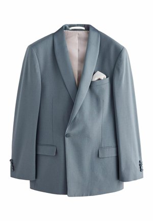 Double-breasted blazer in light blue fabric, featuring a satin shawl collar, two pockets, and a white pocket square in the chest pocket.